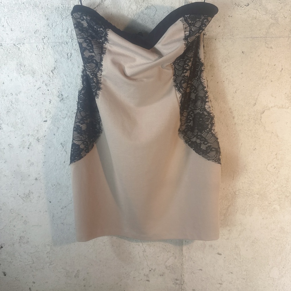Romeo & Juliet Couture Strapless Beige Dress with Black Lace